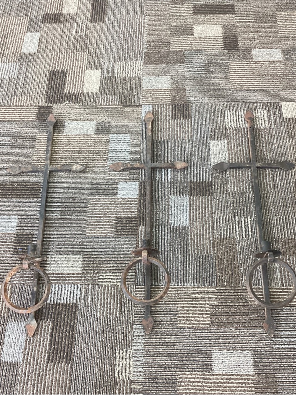 Trio BLACK WROUGHT IRON CROSS CANDLE HOLDERS WALL SCONCE CANDLESTICKS 28” GOTHIC